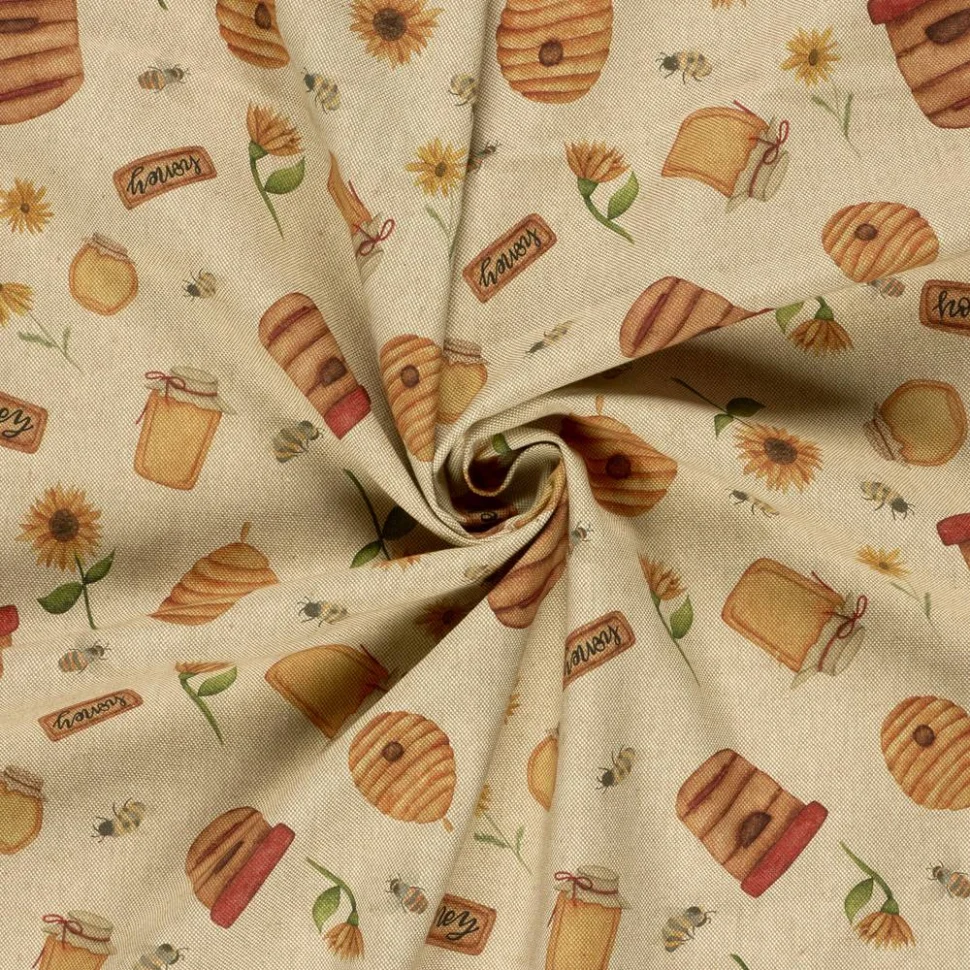 Tissu Toile de Coton recyclé aspect Lin digital Honey honey sur fond Naturel