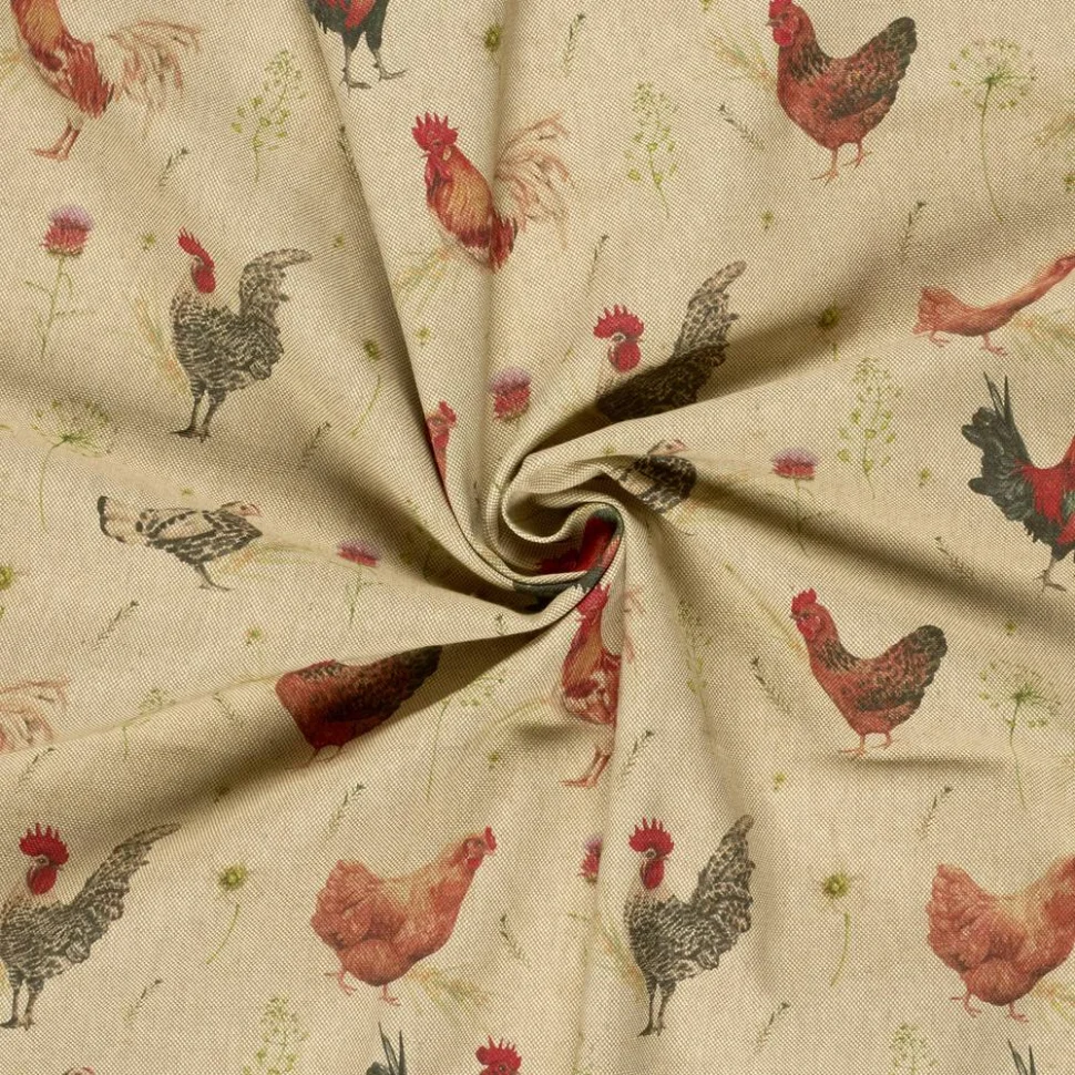 Tissu Toile de Coton recyclé aspect Lin digital Paulette poupoules sur fond Naturel