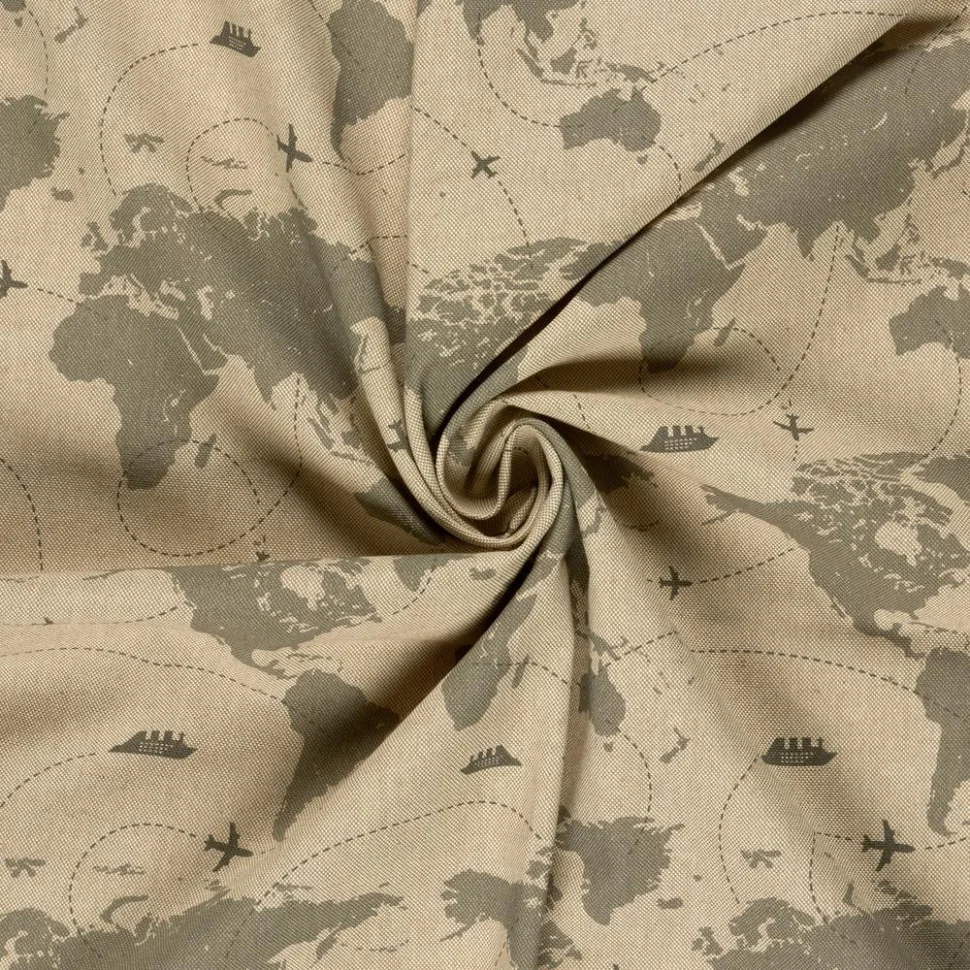 Tissu Toile de Coton recyclé aspect Lin digital Carte du monde sur fond Beige