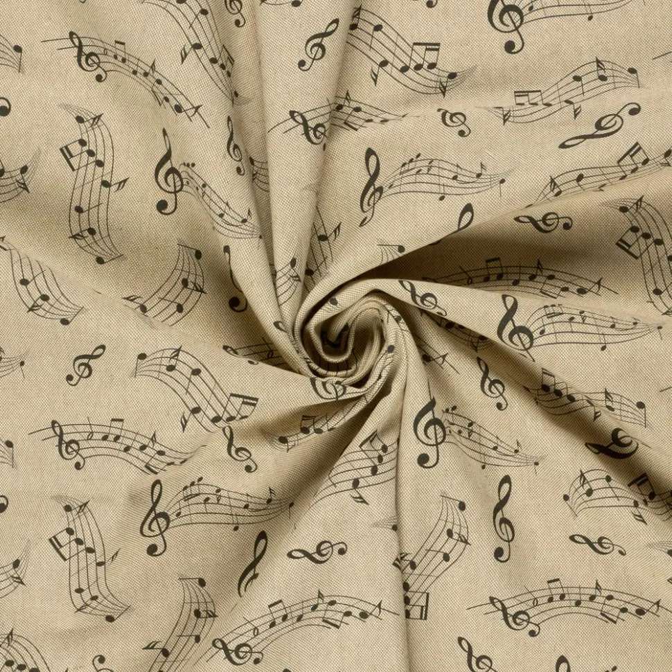 Tissu Toile de Coton recyclé aspect Lin digital en musique sur fond Beige