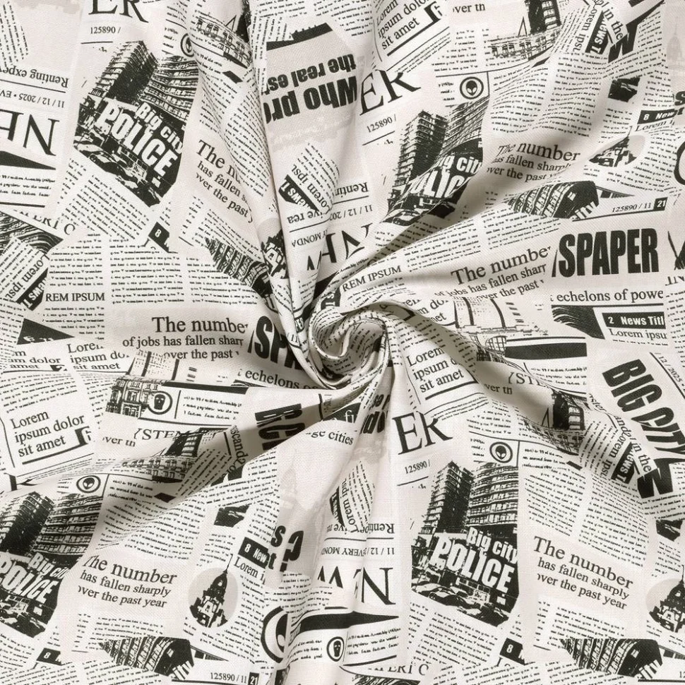 Tissu Toile de Coton panama imprimé digital newspaper sur fond Blanc