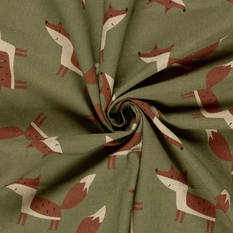 Tissu Toile de Coton recyclé aspect Lin digital Renards sur fond Vert olive