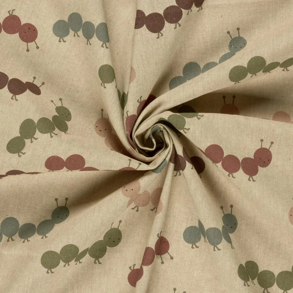 Tissu Toile de Coton recyclé aspect Lin digital Baby petites chenilles sur fond Naturel