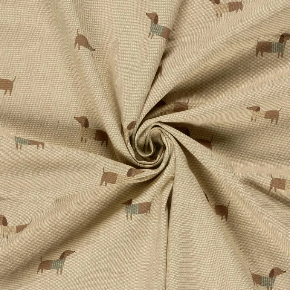 Tissu Toile de Coton recyclé aspect Lin digital Mister Saucisse sur fond Beige