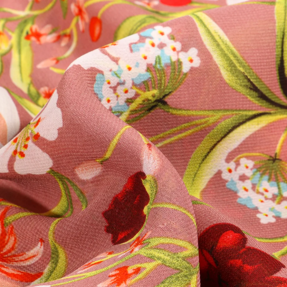 Coupon Tissu Mousseline Pivoines et fleurs colorés sur fond Bois de rose - Coupon de 30 cm