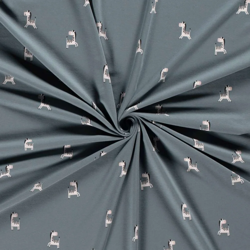 Tissu Jersey Coton imprimé Tom petits zèbres sur fond Gris ardoise