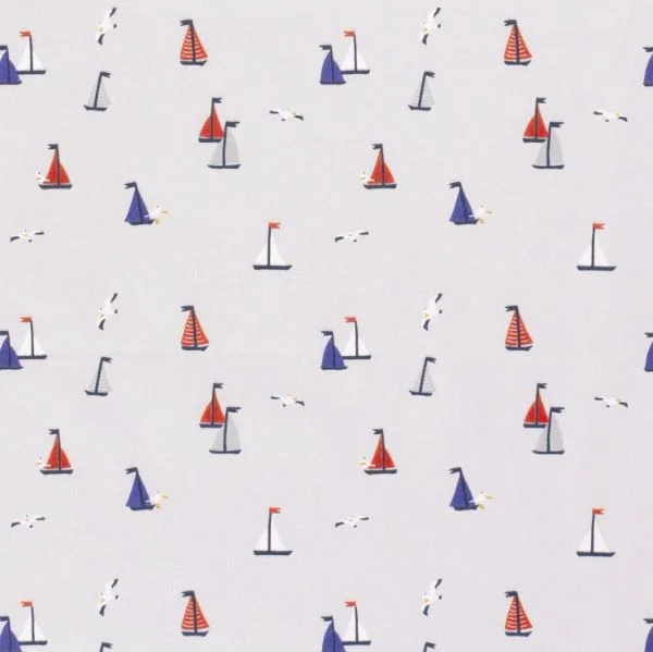 Tissu Coton imprimé Bateau bleu et jaune sur fond Gris clair