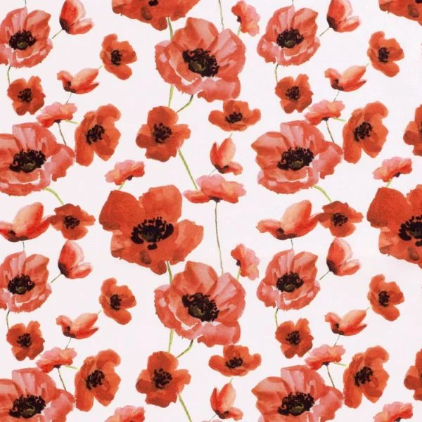 Tissu Coton imprimé Coquelicot rouge sur fond Blanc