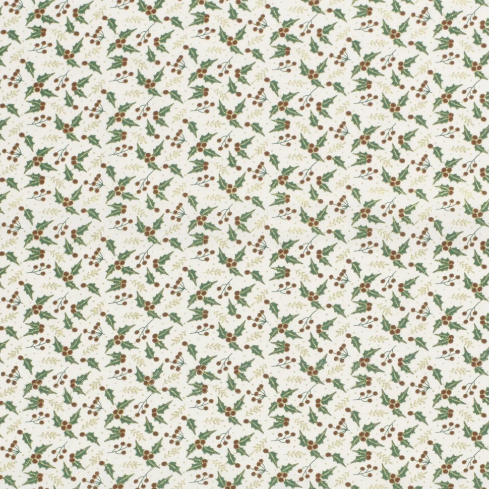 Tissu Coton imprimé Branches de Noël dorées sur fond Ecru
