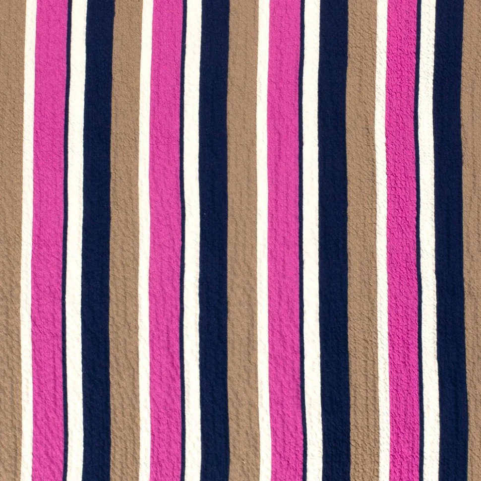 Tissu Viscose gaufré Rayé fuschia et taupe sur fond Blanc
