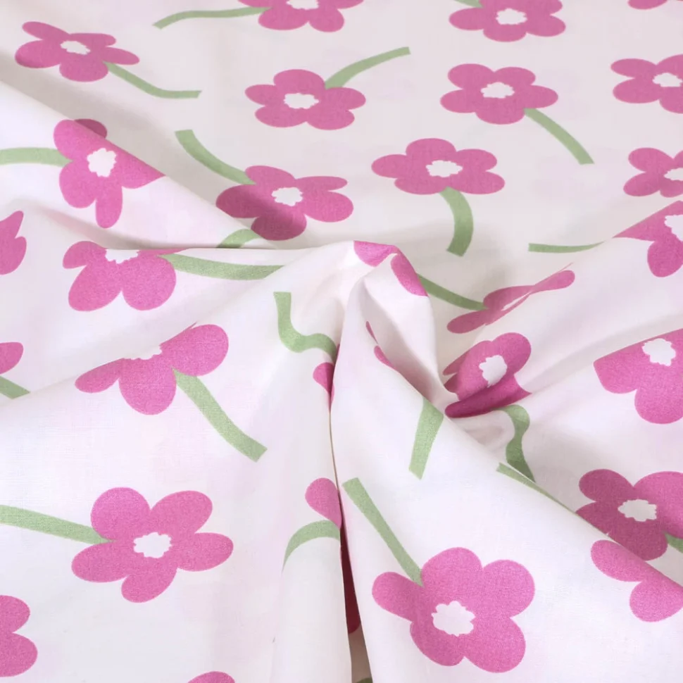 Tissu Popeline de Coton Fleurs roses et vertes sur fond Ecru