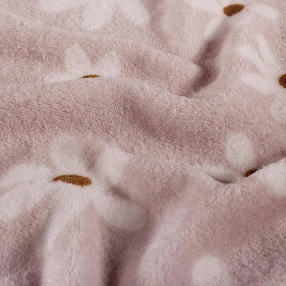 Tissu Fausse fourrure Azalée envers doudou fleurs Blanches sur fond Vieux rose