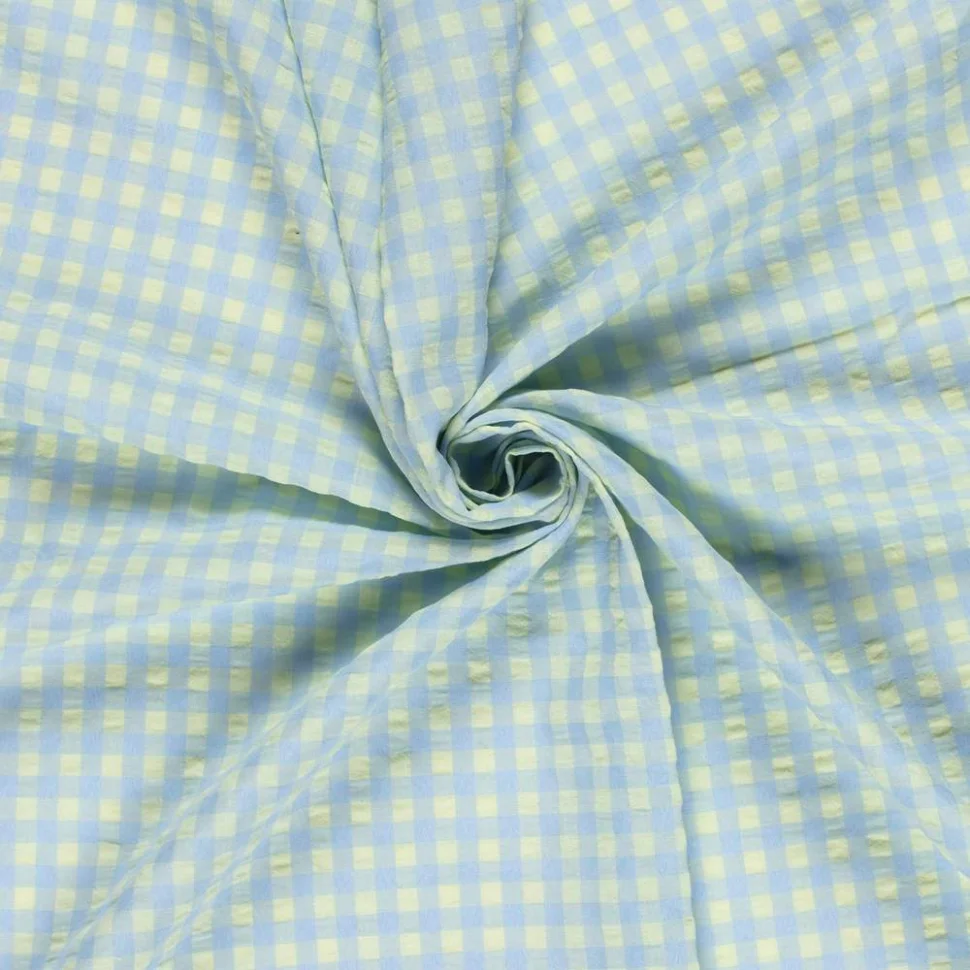 Tissu Coton Seersucker carreaux Vichy sur fond Bleu clair