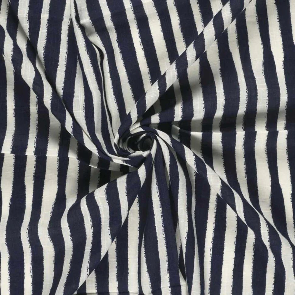 Tissu Coton Viscose aspect Lin rayures écru sur fond Bleu marine