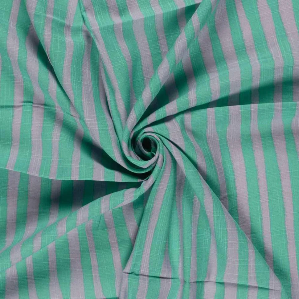 Tissu Viscose Coton aspect Lin rayures Vert Menthe sur fond Gris