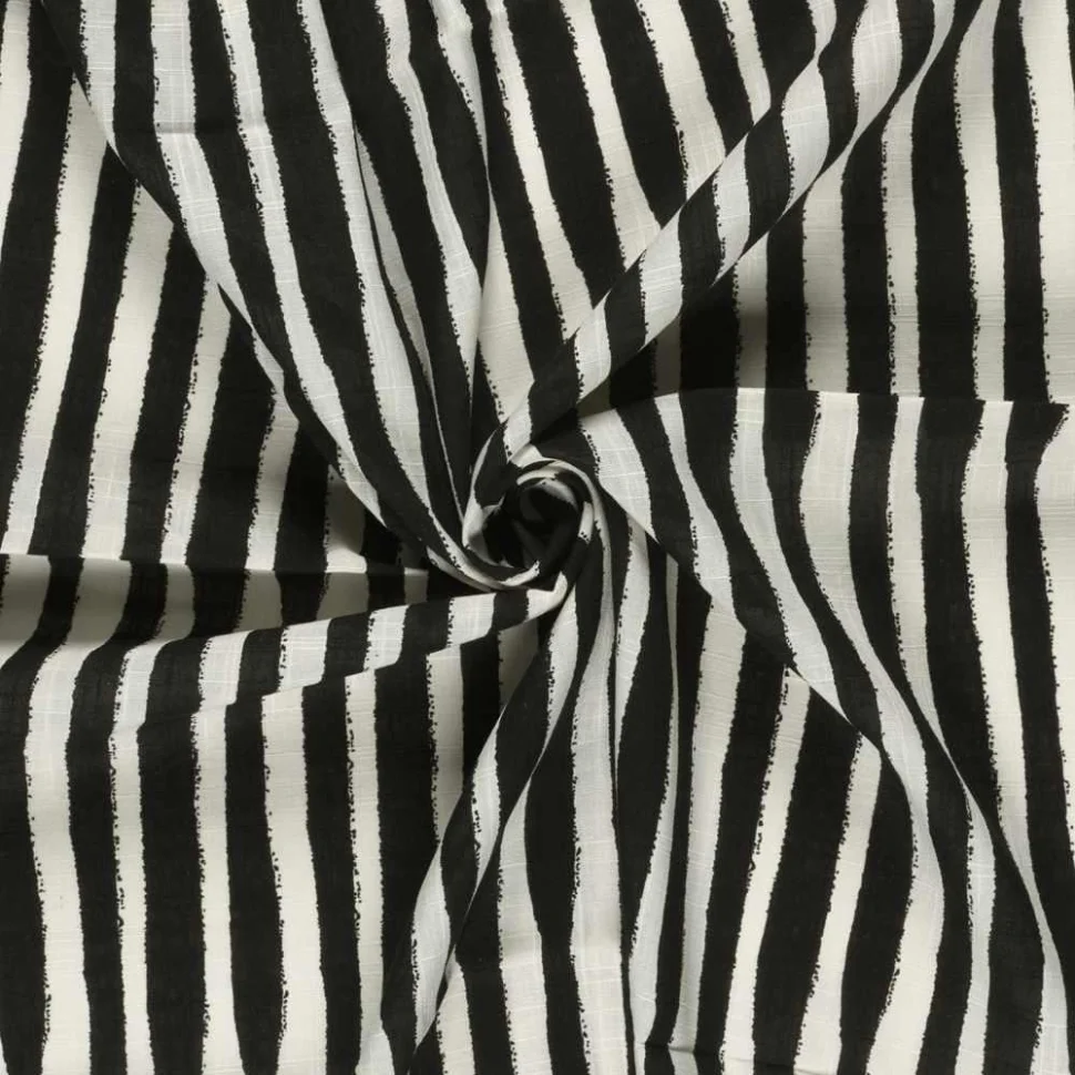 Tissu Viscose Coton aspect Lin rayures Noir sur fond Blanc cassé