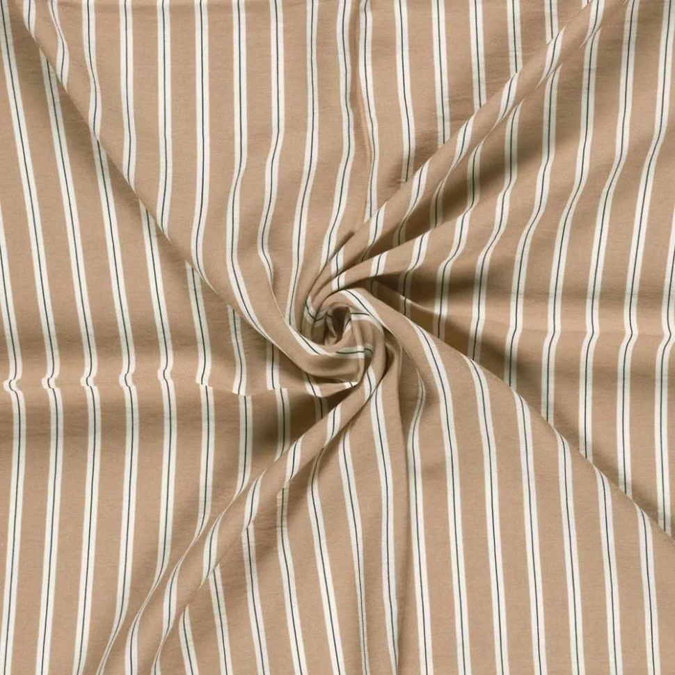 Tissu Crêpe de Viscose Basile fines rayures sur fond Beige sable