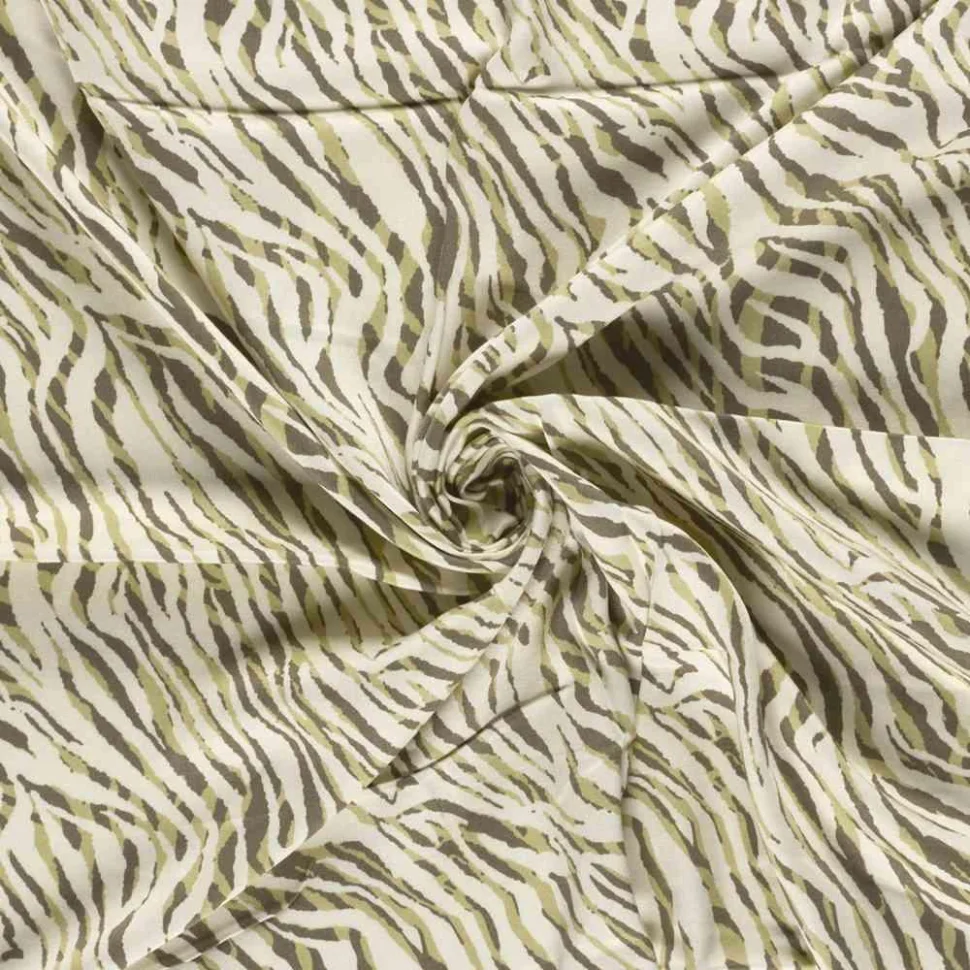 Tissu Viscose satiné Hermine zébré Kaki et Taupe sur fond Ecru