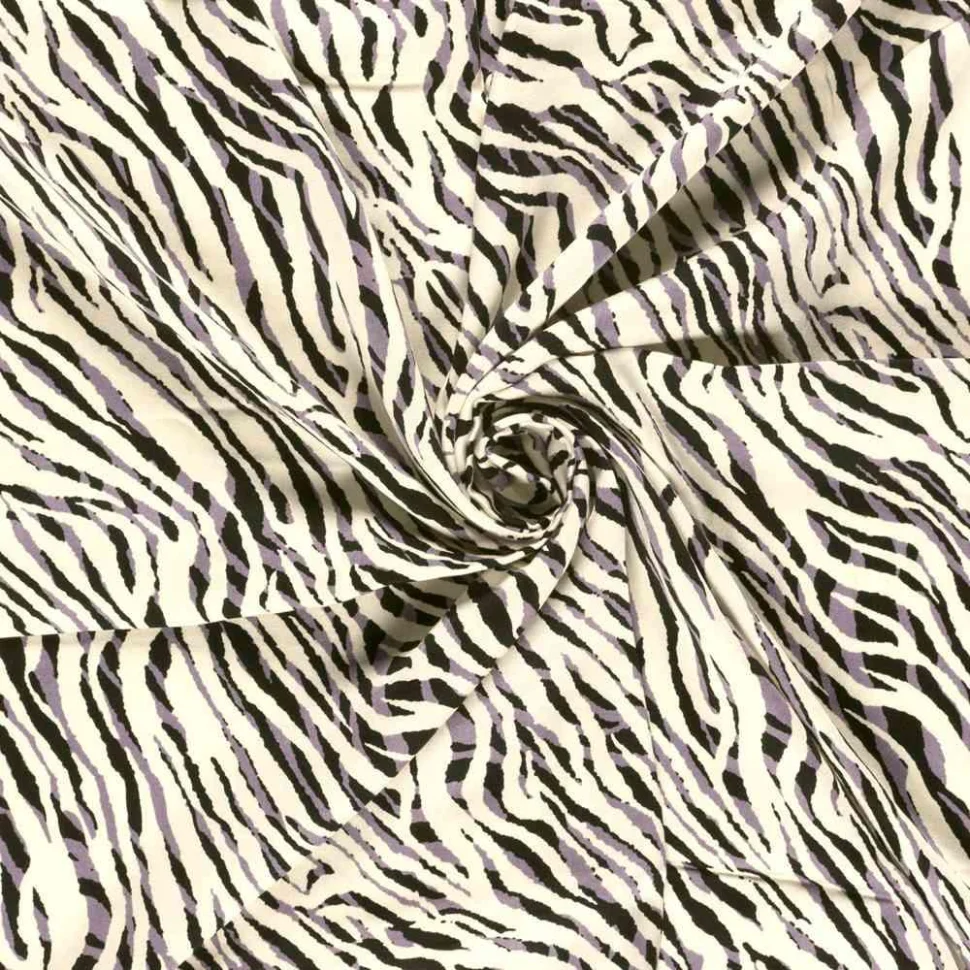 Tissu Viscose satiné Hermine zébré Noir et Gris sur fond Ivoire