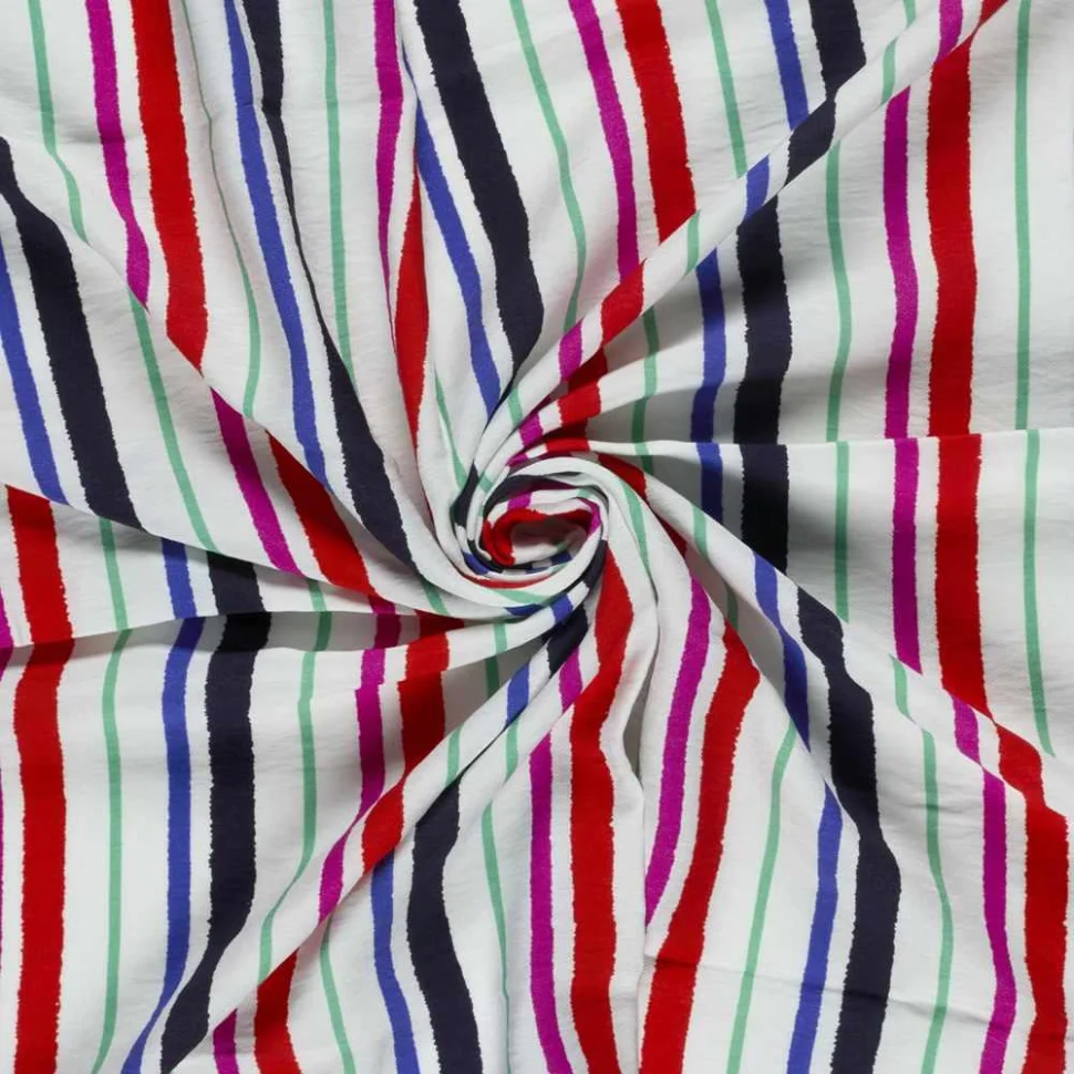 Tissu Crêpe de Viscose Lucien rayures Noir, Bleu et Rouge sur fond Blanc