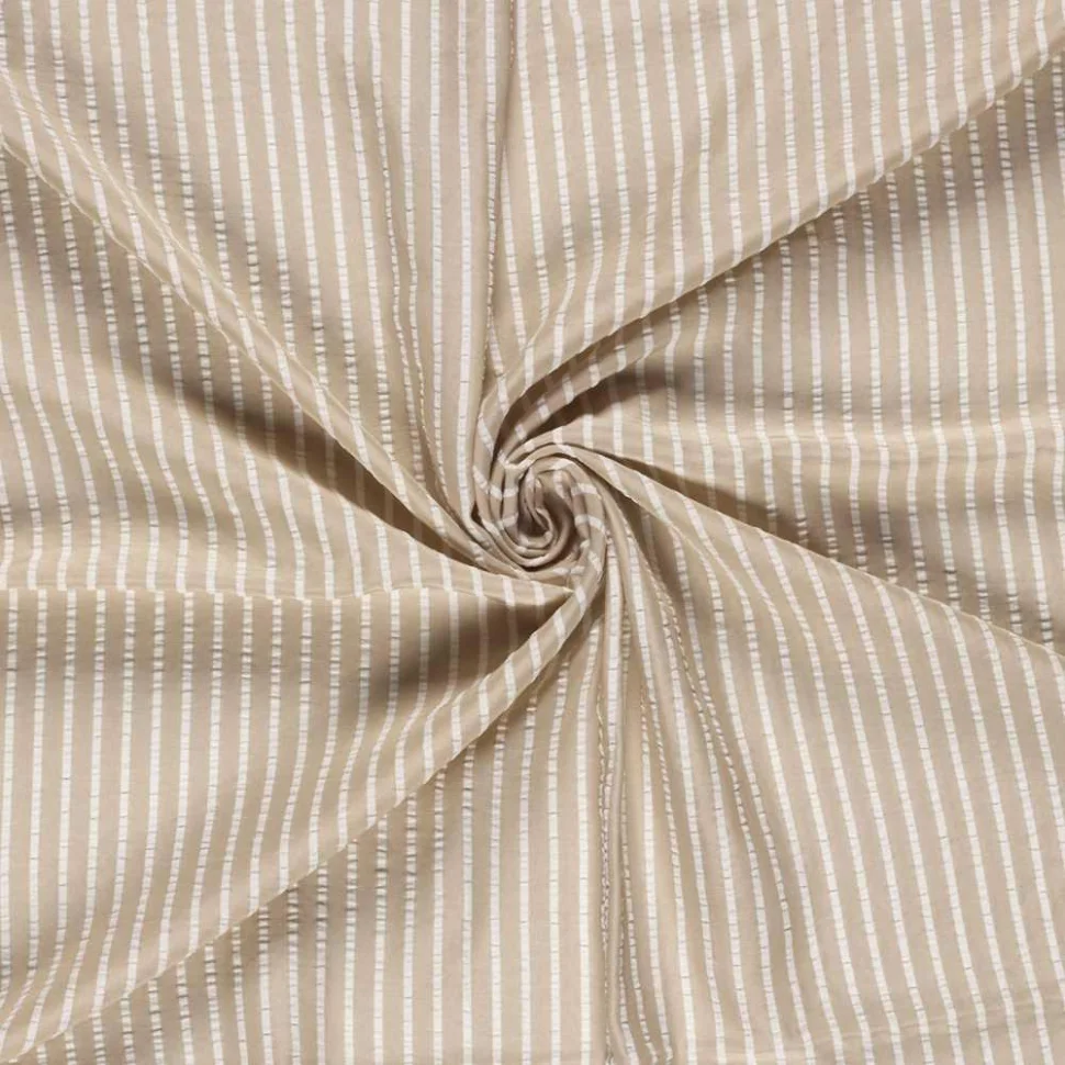 Tissu Seersucker Viscose Lina rayures Blanches sur fond Beige
