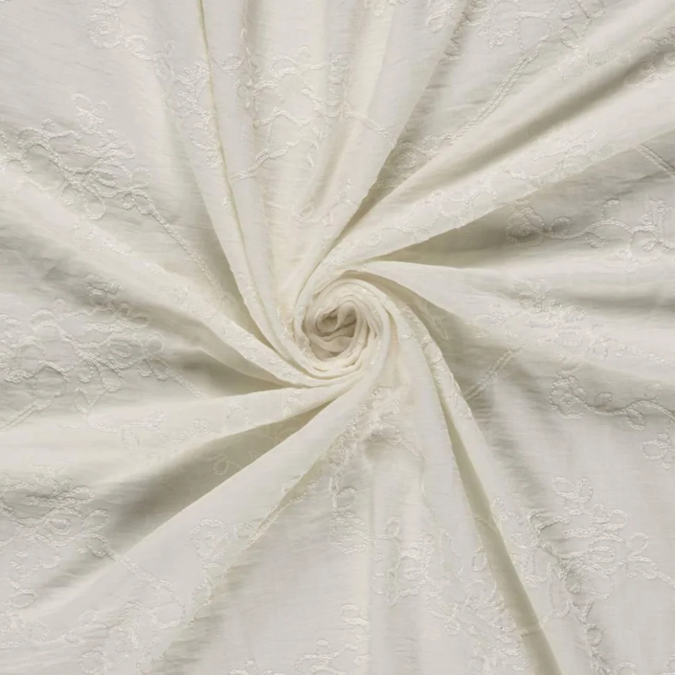 Tissu Polyviscose Brodé Lola floral décoratif sur fond Ecru
