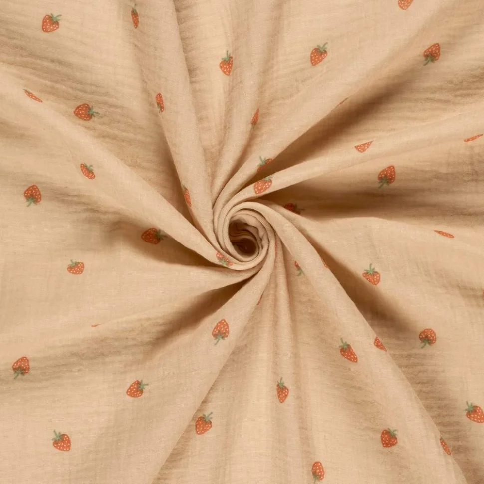 Tissu Double gaze de Coton Petites fraises sur fond Rose