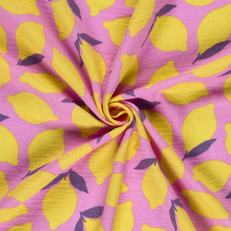 Tissu Double gaze de Coton Lemon jaune sur fond Rose