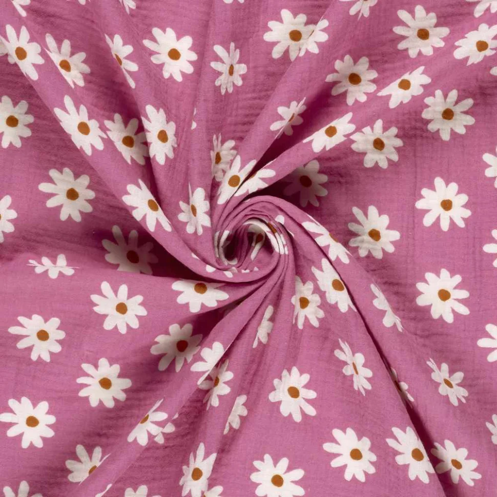 Tissu Double gaze de Coton Gérone fleurs Blanc sur fond Rose