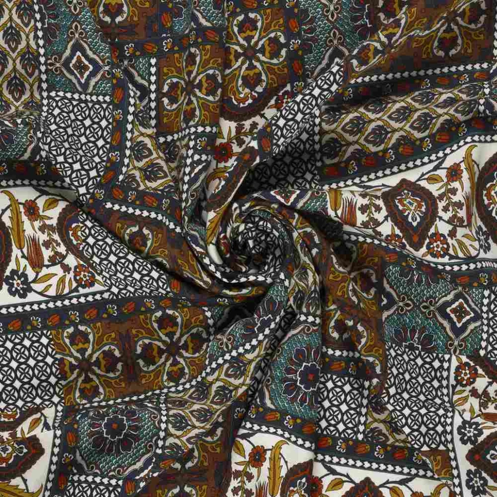 Tissu Viscose satiné Mounia patchwork oriental sur fond Bleu turquoise
