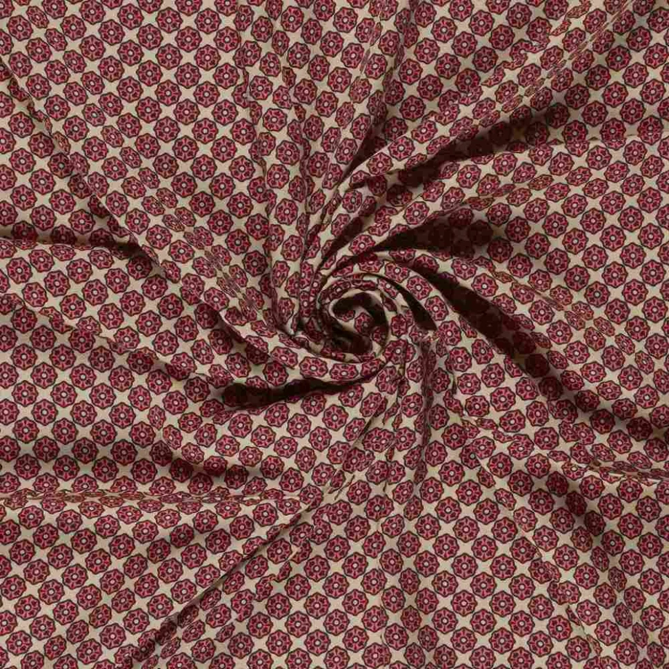 Tissu Viscose Satiné motif floral indien Framboise sur fond Beige