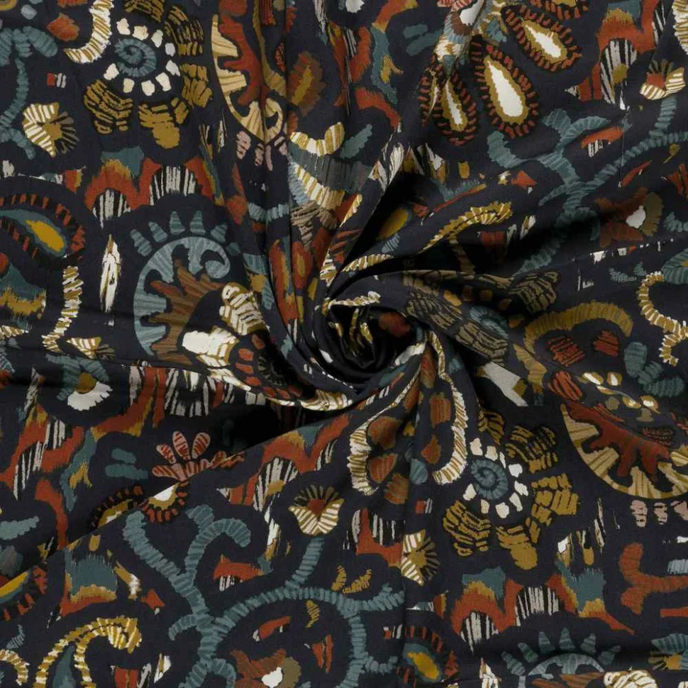Tissu Viscose Satiné ethnique baroque Multicolore sur fond Bleu marine