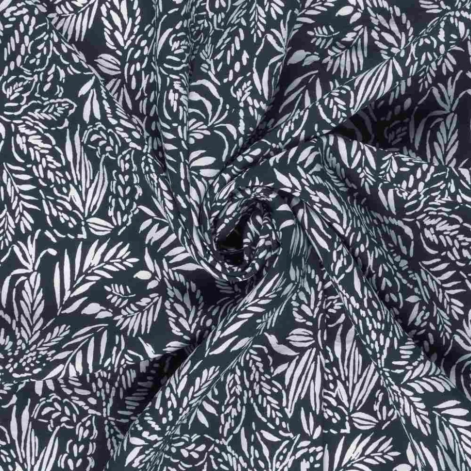 Tissu Crêpe de Viscose imprimé Fleuris Blanc sur fond Bleu marine
