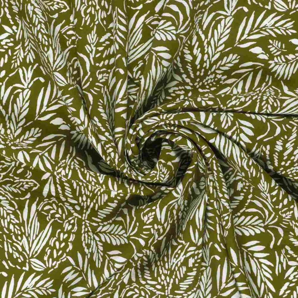 Tissu Crêpe de Viscose Jules feuilles sur fond Vert kaki