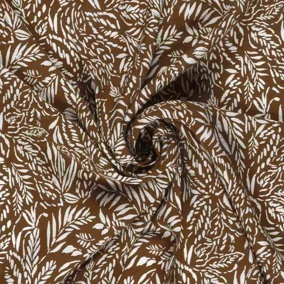 Tissu crêpe de viscose imprimé Fleuris blanc sur fond Marron clair