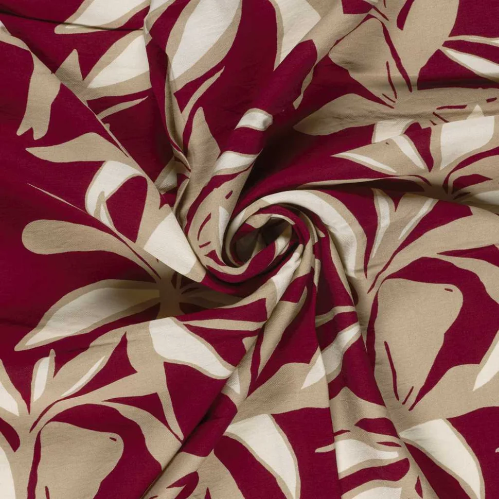 Tissu crêpe de viscose imprimé Pâquerette Fleuris blanc sur fond Rouge