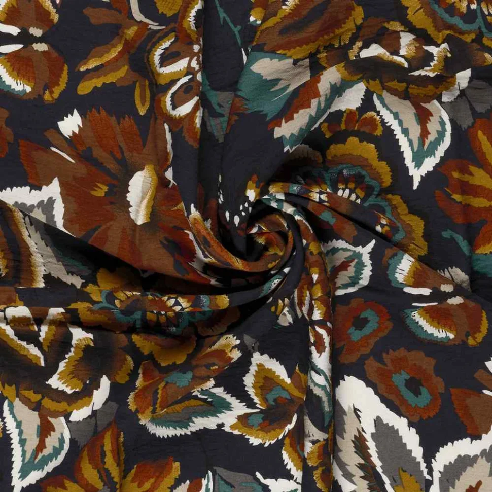Tissu Crêpe de Viscose Clara fleurs sur fond Bleu marine