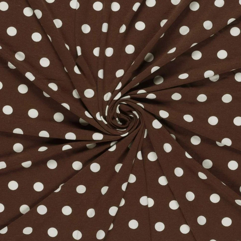 Tissu Jersey Viscose imprimé à pois blanc sur fond Marron