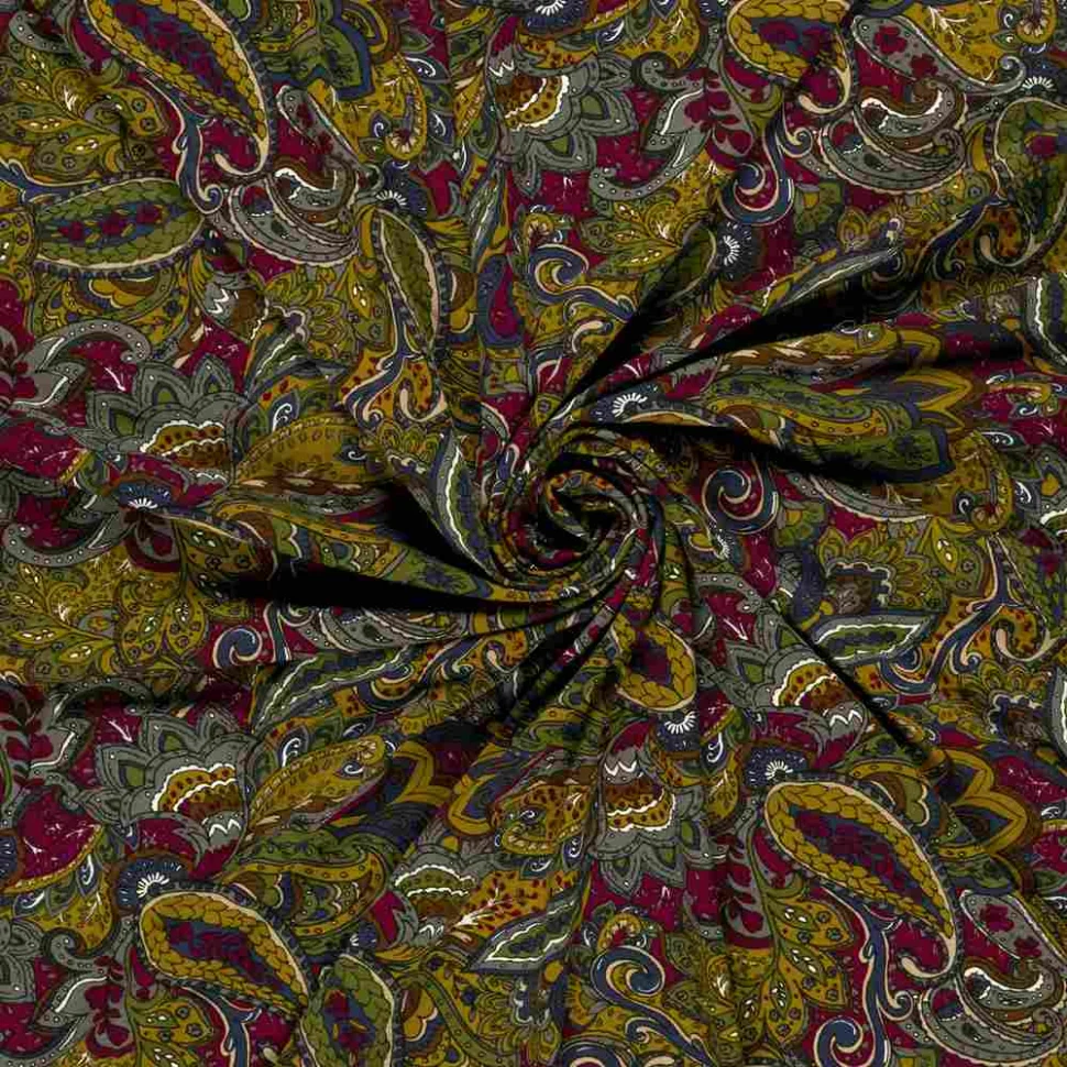 Tissu Jersey viscose imprimé motifs cachemire sur fond Bordeaux