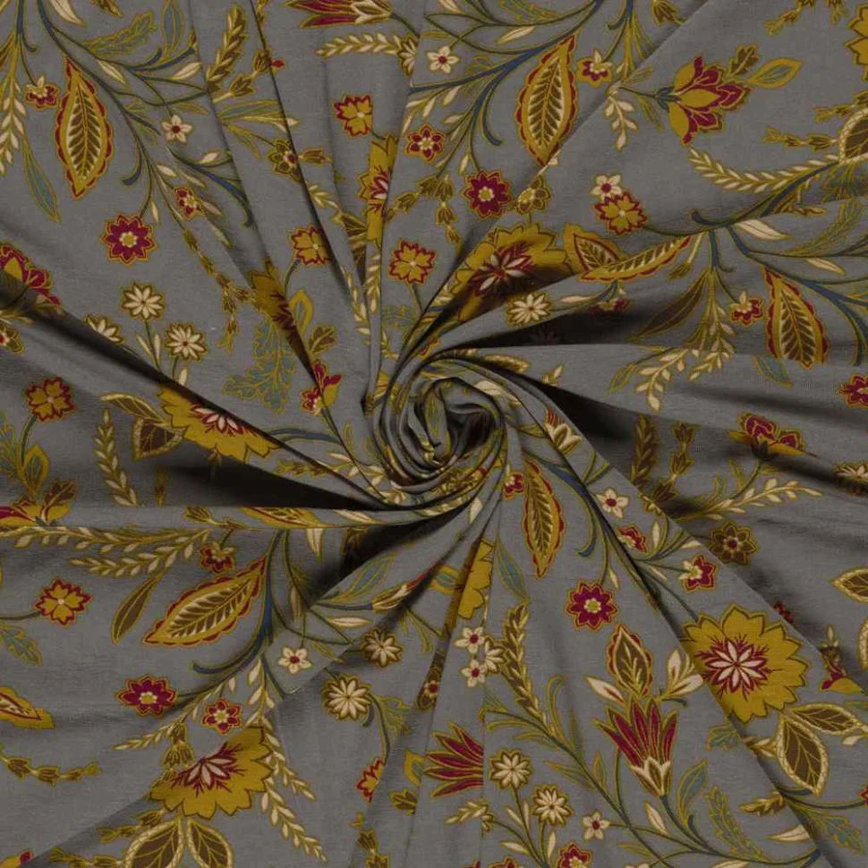 Tissu jersey viscose imprimé motifs Fleuris sur fond Gris souris