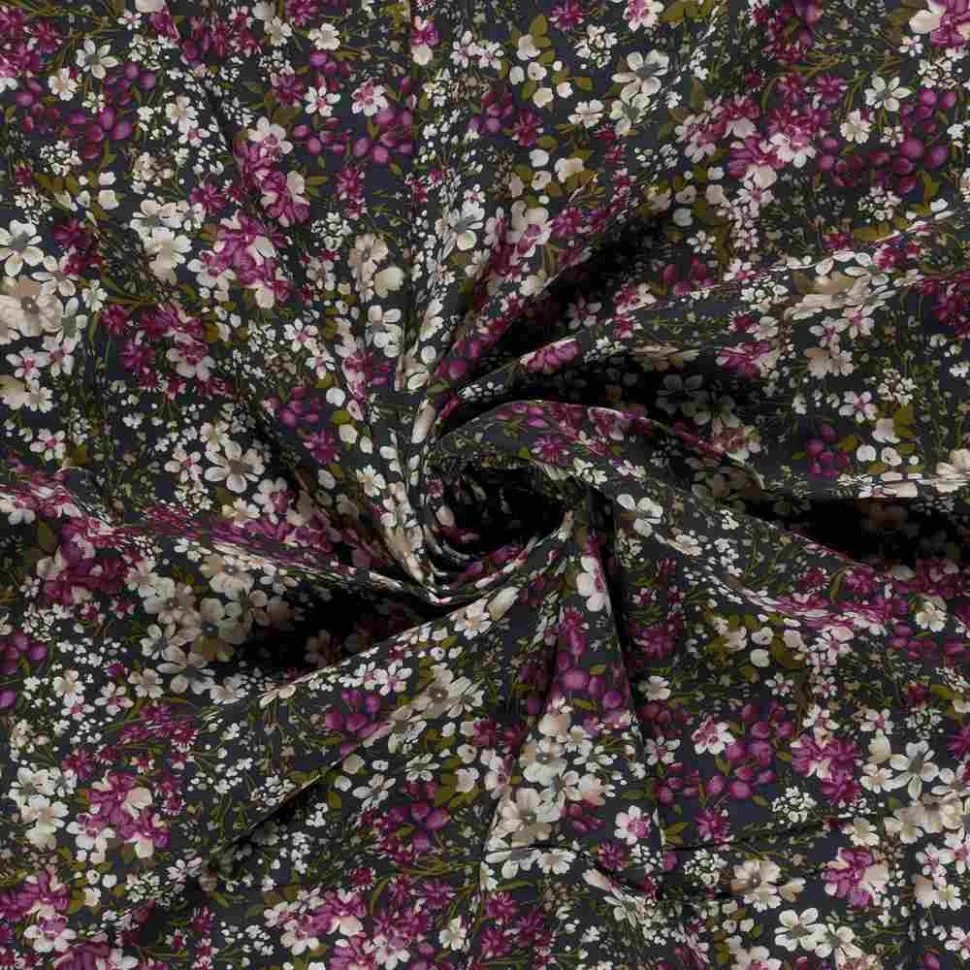 Tissu Popeline de Viscose imprimé Manon fleurs sur fond Gris anthracite