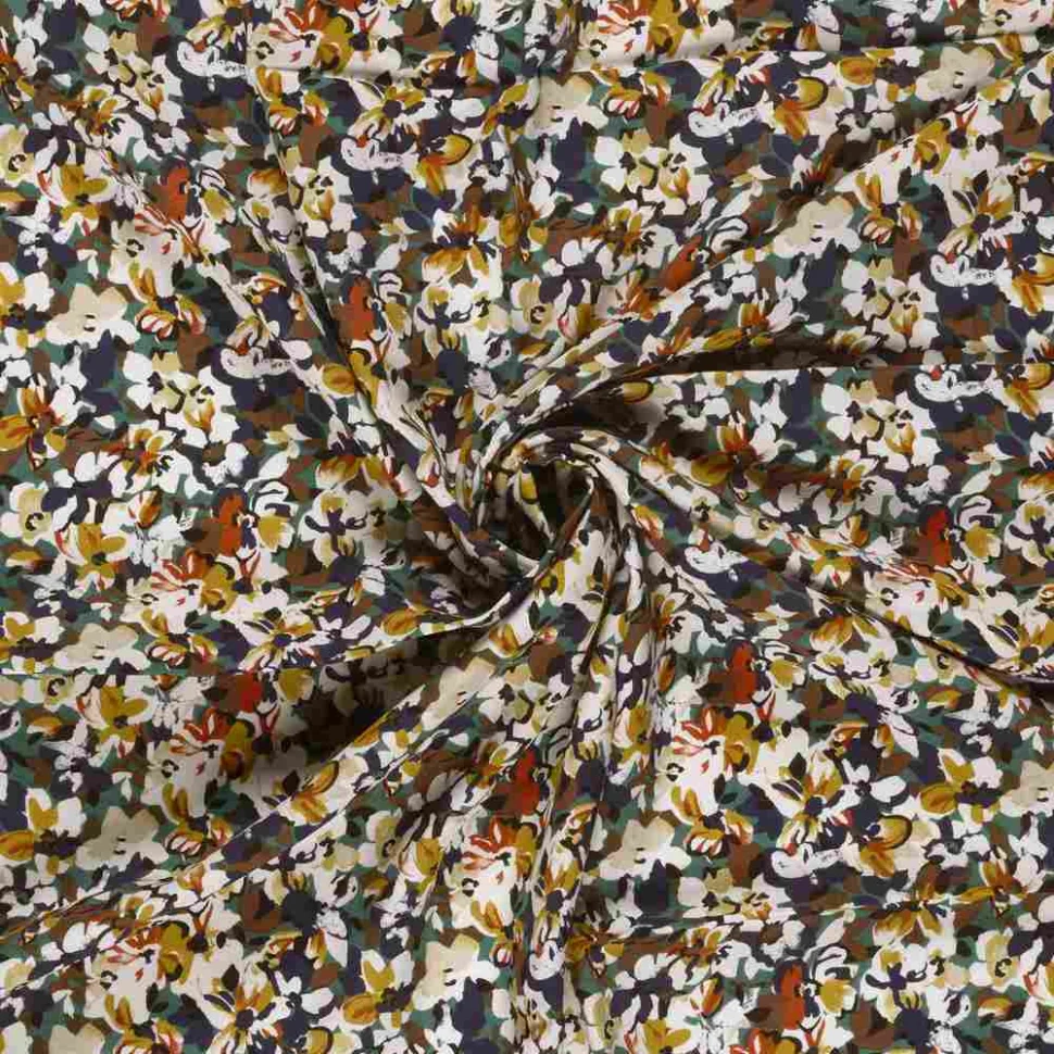 Tissu popeline de viscose imprimé Fleuris sur fond Bleu canard