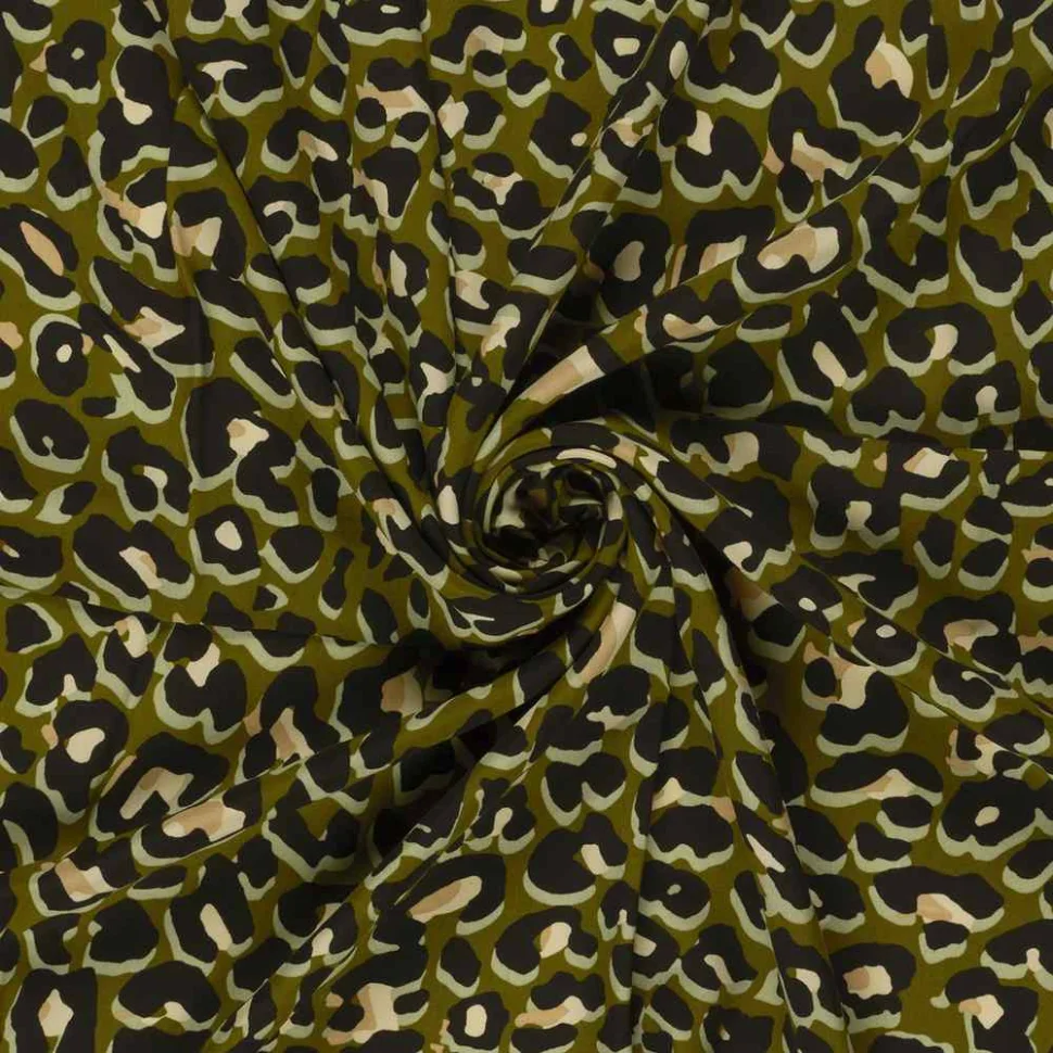 Tissu Viscose imprimé Joana motif léopard sur fond Vert kaki