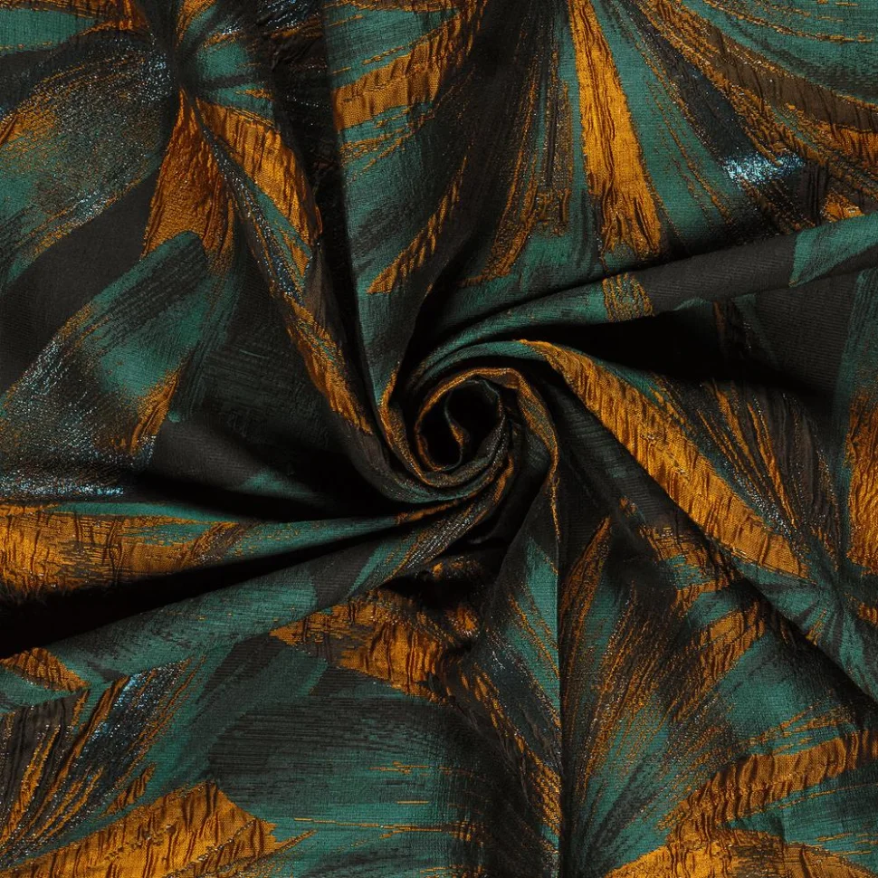 Tissu Jacquard Lurex Sofia grandes fleurs Bleu canard sur fond Noir