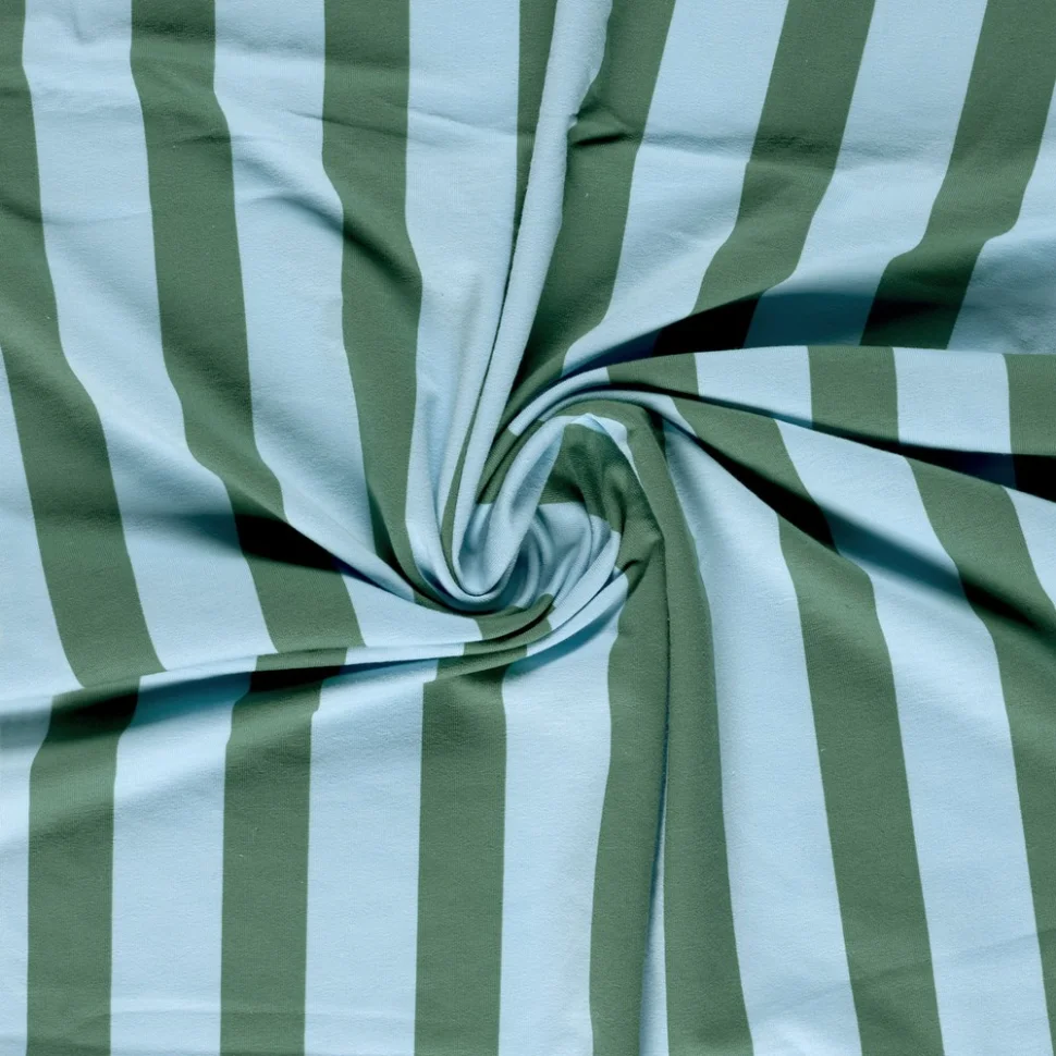 Tissu Sweat léger French Terry rayures Vert sapin sur fond Bleu ciel