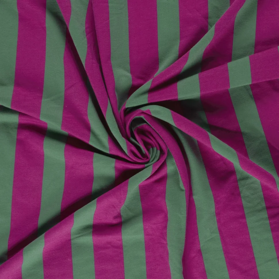Tissu Sweat léger French Terry Clara rayures Vert sur fond Magenta fuschia