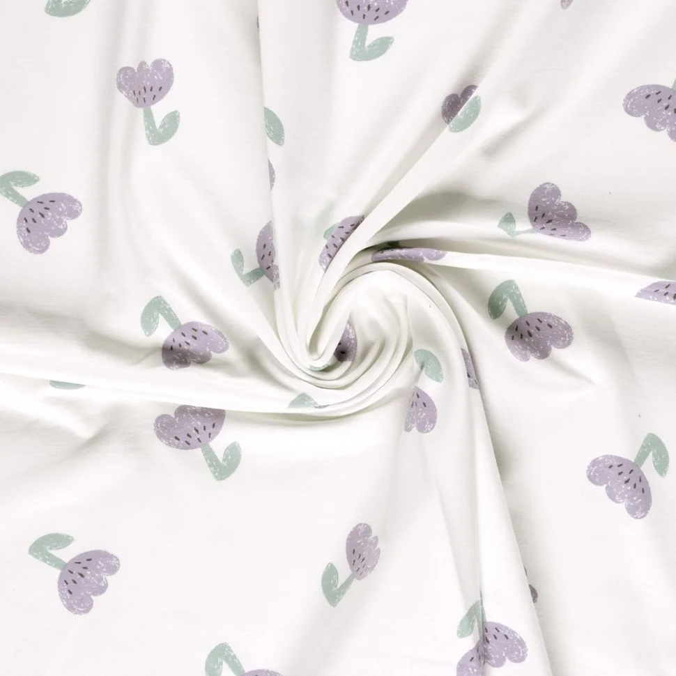 Tissu Sweat léger French Terry Fleurs parme sur fond Blanc cassé