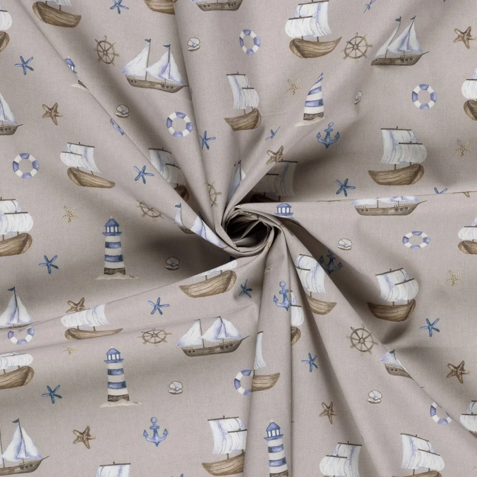 Tissu Coton imprimé digital Surcouf ambiance marine sur fond Gris galet