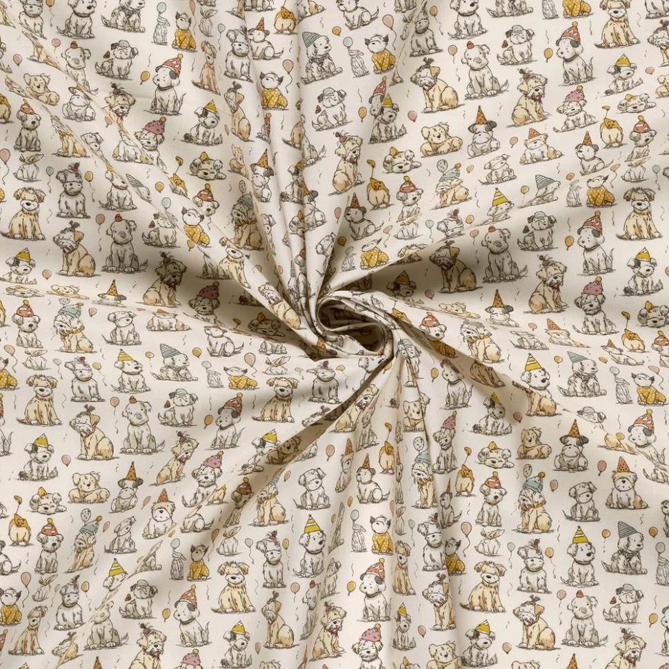 Tissu Coton imprimé digital Dogs party sur fond Blanc cassé