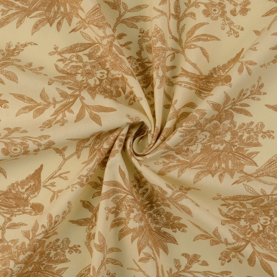 Tissu Coton imprimé esprit Toile de Jouy Caramel sur fond Beige